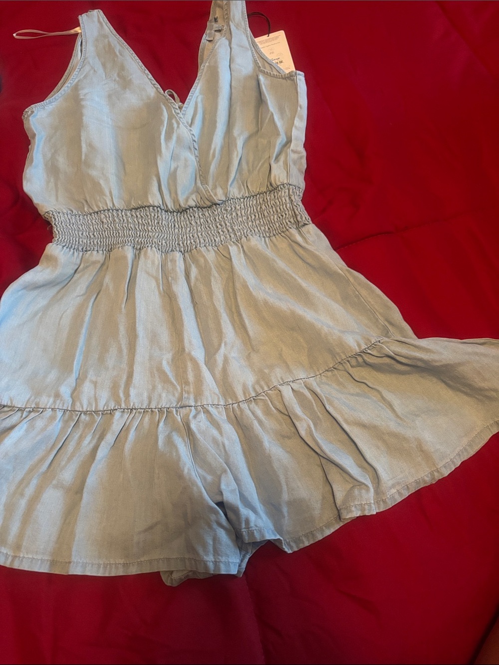 Women's Light Blue Smocked-Waist Casual Shorts Romper